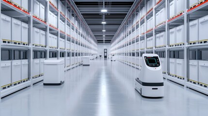 A modern warehouse interior featuring automated robots navigating between rows of storage shelves filled with containers.