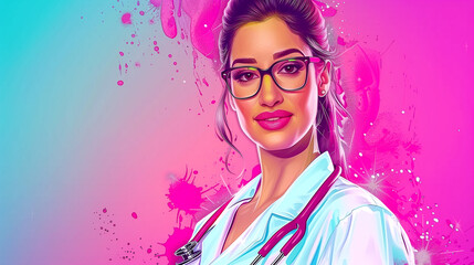 Obraz premium A woman in a white lab coat with a stethoscope is standing in front of a pink background