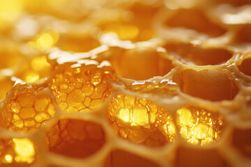 A Close-Up of Beeswax Honeycomb with Golden Honey Glistening in the Cells: Nature's Sweet Architecture