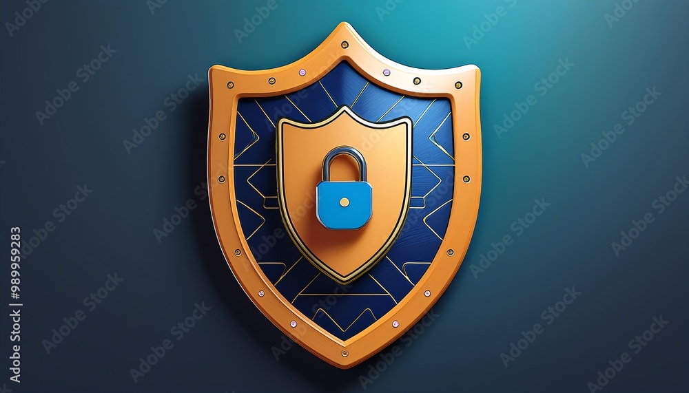 Poster a stylized shield icon featuring a checkmark, symbolizing security and verification, set against a s