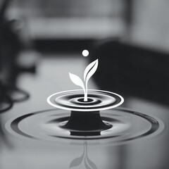 A small plant emerges from a droplet of water, symbolizing growth and renewal in a serene indoor setting