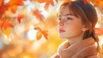 Fototapeta premium stunning autumn banner with a happy girl surrounded by yellow and red leaves creating a warm atmosphere in a blurred natural setting celebrating the season