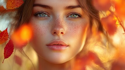 Fototapeta premium stunning autumn banner with a happy girl surrounded by yellow and red leaves creating a warm atmosphere in a blurred natural setting celebrating the season