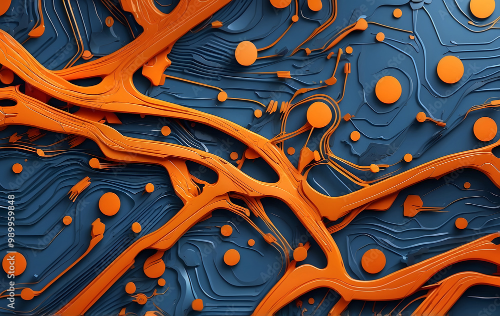 Poster closeup of computer circuit board illuminated by glowing orange lines