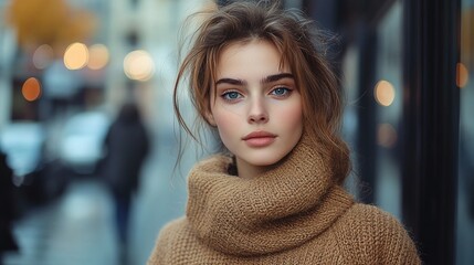 young adult woman exuding confidence in oversized clothing on a city street highlighting her beauty and modern fashion in an urban environment