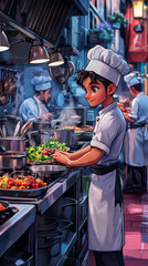 Young male chef preparing food in a busy kitchen.