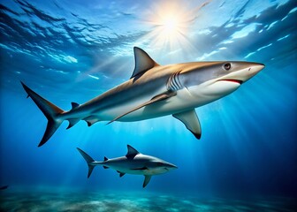 Fototapeta premium Remora Fish Interacting with Shark in Clear Blue Ocean Waters, Underwater Marine Life Scene