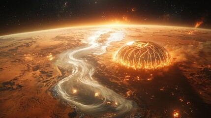 Futuristic Cityscape on Mars with Dome and River