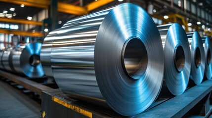 Fototapeta premium Cold rolled steel coil or stainless steel sheets at storage area in steel industry plant. in a warehouse.