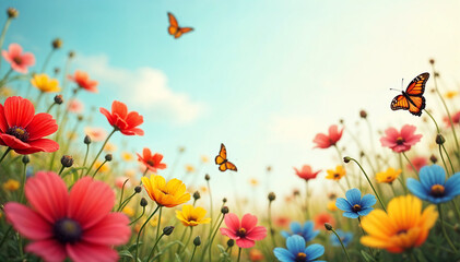 Spring Nature Seasonal Background with Colorful Flowers and Bright Sunny Sky	
