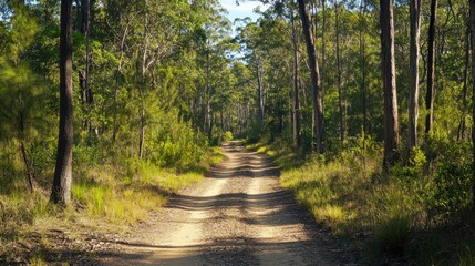 Obraz premium The sandy off-road bush track leads deep into the forest, framed by tall trees and the open sky, ideal for wilderness scenes