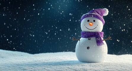 Fototapeta premium 3D rendering of a snowman standing on a white winter background, with snow falling in the sky