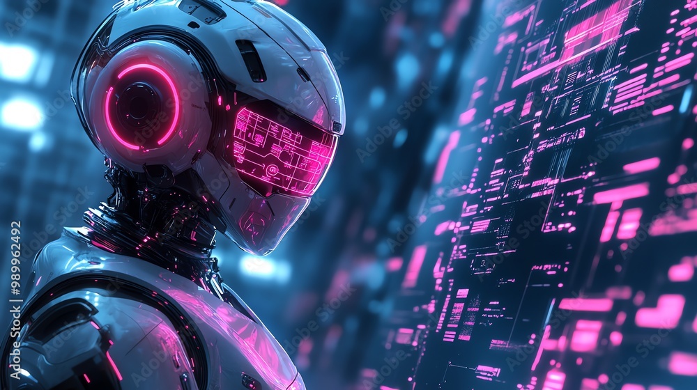 Aufkleber a futuristic cyborg robot with a glowing pink visor looks at a digital screen with binary code and d