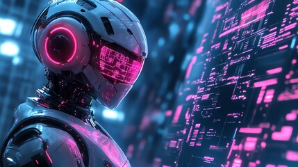 A futuristic cyborg robot with a glowing pink visor looks at a digital screen with binary code and data.
