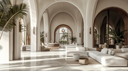 Naklejka premium Beautiful and detailed 3D architectural design of an interior with high arches, blending modern decor with luxurious elegance