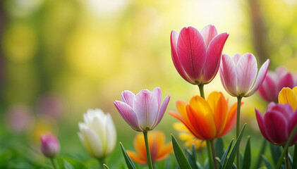 Fototapeta premium Spring Nature Seasonal Background with Colorful Flowers and Bright Sunny Sky