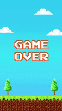 "Game Over" Vertical Pixel Animation with sky, clouds, tree, and grass 8 bit old game background