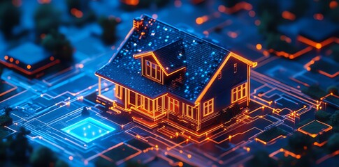 A glowing house with orange lines sits on a blue circuit board.