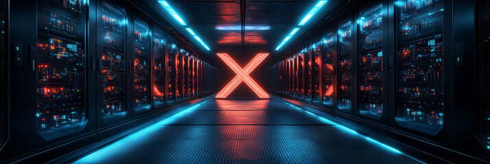 Neon lights illuminate a server room.