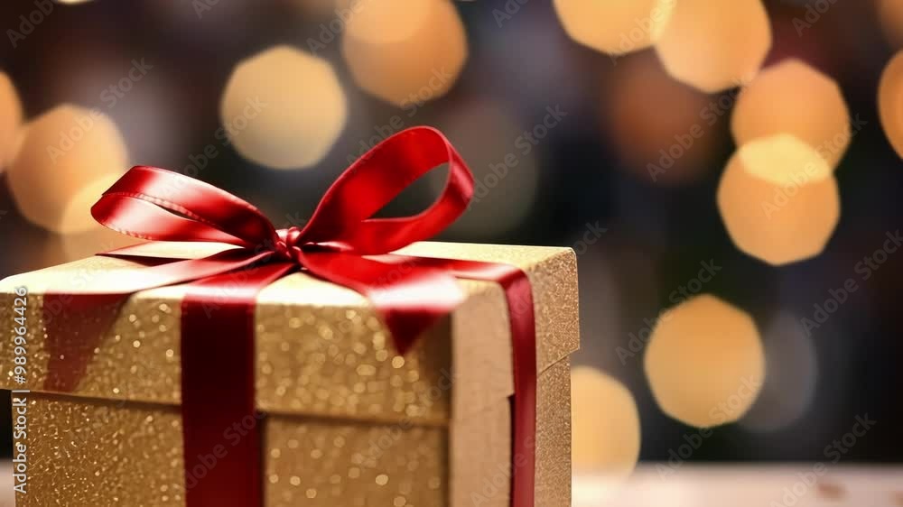 Poster golden gift box wrapped with red ribbon placed on a table with sparkling christmas lights in the bac
