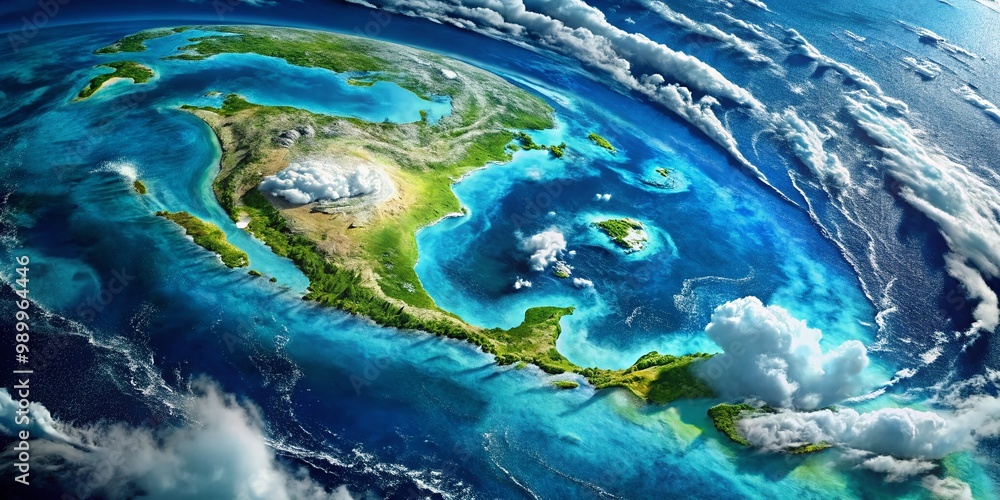 Poster satellite image of the mysterious bermuda triangle with ocean and cloud patterns visible below