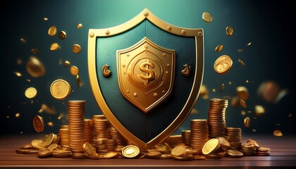 A shiny shield stands prominently on a stack of coins, with golden coins cascading around it, suggesting themes of wealth, security, and prosperity.