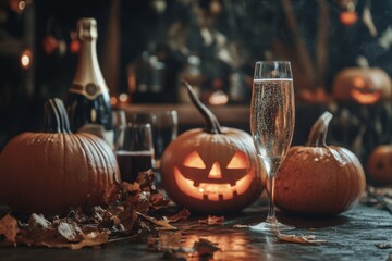 Halloween party, pumpkin and champagne bottle on a table with a group of friends having fun in the background
