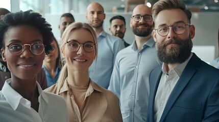 Dynamic business team standing confidently in boardroom, reflecting positivity and professionalism as they work together towards shared goals