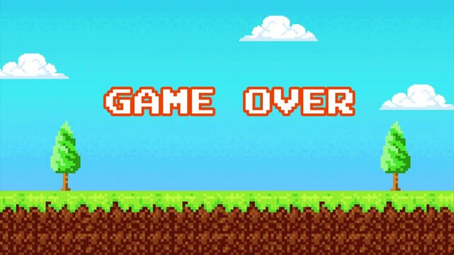 "Game Over" Pixel Animation with clouds, tree, and grass 8 bit old game background