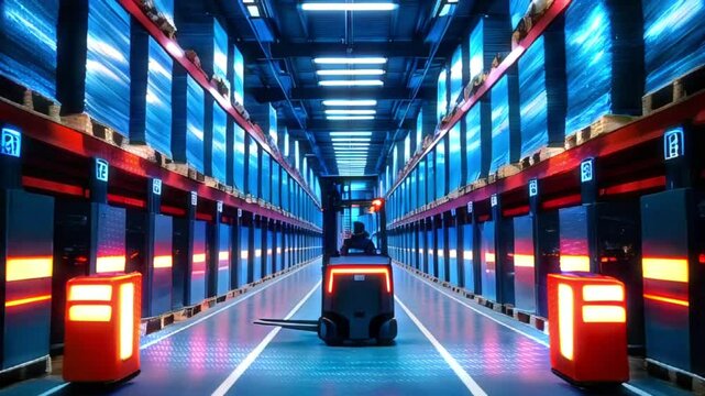 Forklift driving through a large warehouse with rows of stacked boxes, with blue and red lighting.
