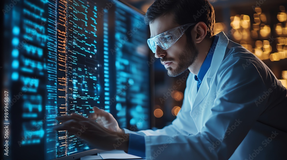 Poster a man in a lab coat is looking at a computer screen with glowing blue data.