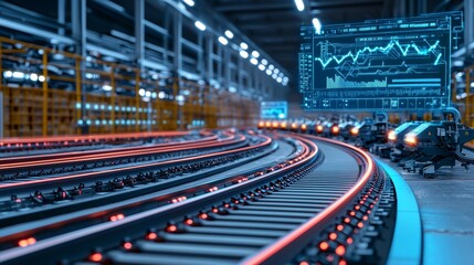 A high-tech warehouse featuring illuminated conveyor belts and futuristic digital screens displaying data analytics.