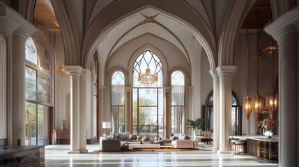 Fototapeta premium Stunning 3D design of an elegant interior space with high arches, luxurious finishes, and intricate architectural detailing