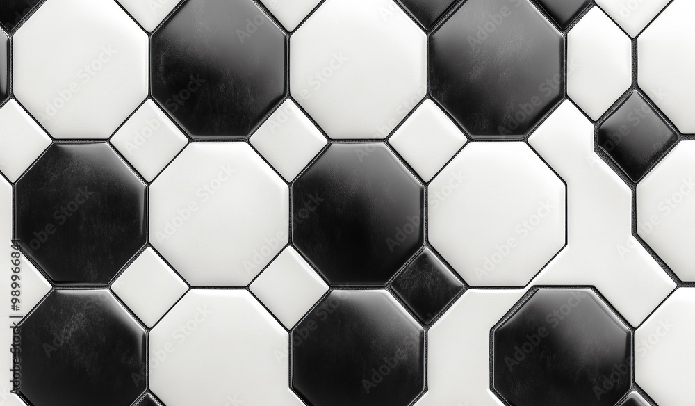 Poster a black and white soccer pattern, hexagonal tiles arranged in repeating patterns on the wall