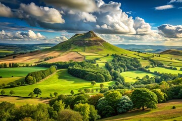 Fototapeta premium Scenic View of Roseberry Topping in North Yorkshire, England with Lush Green Hills and Blue Sky
