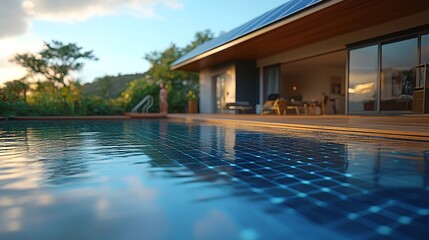 Obraz premium energy efficient solar swimming pool pump with solar panels and a beautiful wooden deck setting featuring people enjoying a summer day in the background
