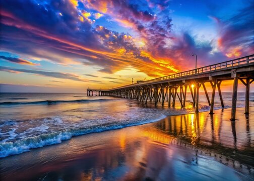 Scenic Views of Bogue Inlet Fishing Pier at Sunset with Vibrant Sky and Calm Waters in Background