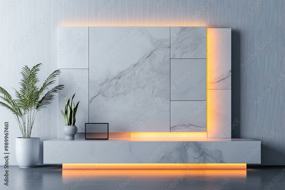Poster 3d rendering of a modern tv wall with shelf and light box on a grey background