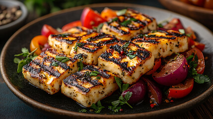 A colorful selection of grilled halloumi cheese served with fresh vegetables