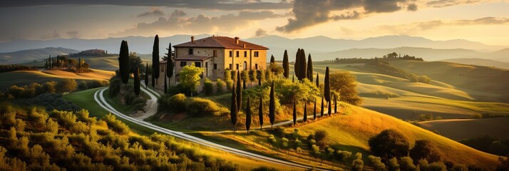 Picturesque Tuscan villa surrounded by rolling hills at sunset with cypress trees and winding road