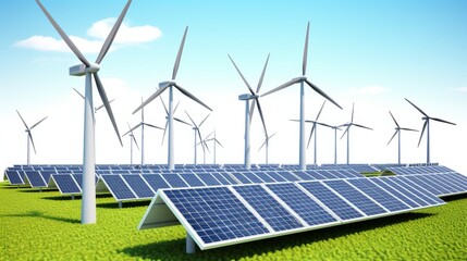 A field of wind turbines and solar panels