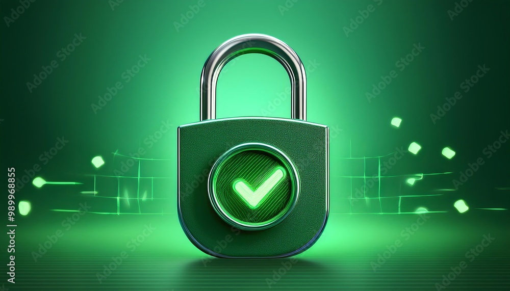 Poster a green padlock with a checkmark symbolizes security and safety in a digital environment.