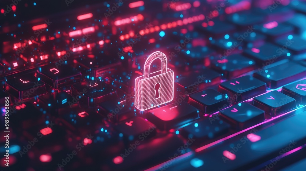 Poster 3d digital padlock hovering over a keyboard with layers of data protection icons