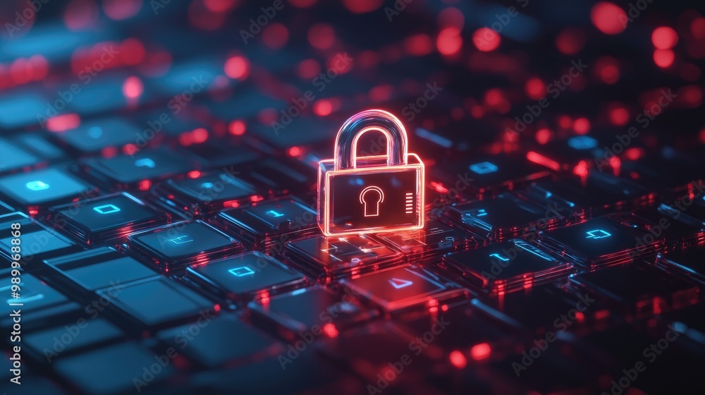 Poster 3d digital padlock hovering over a keyboard with layers of data protection icons