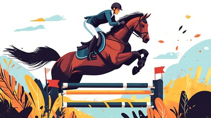 Equestrian Jumping Illustration   Horse Rider Leaping Over Fence