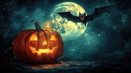 Obraz premium Halloween Jack o Lantern with Bat and Moon
