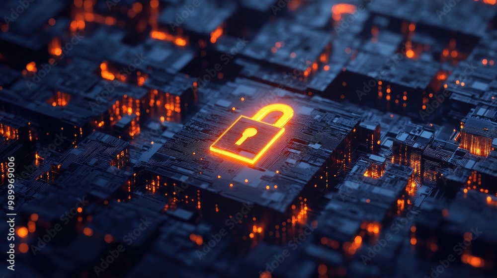 Poster 3d glowing lock symbol on a digital network of encrypted data, representing cybersecurity.