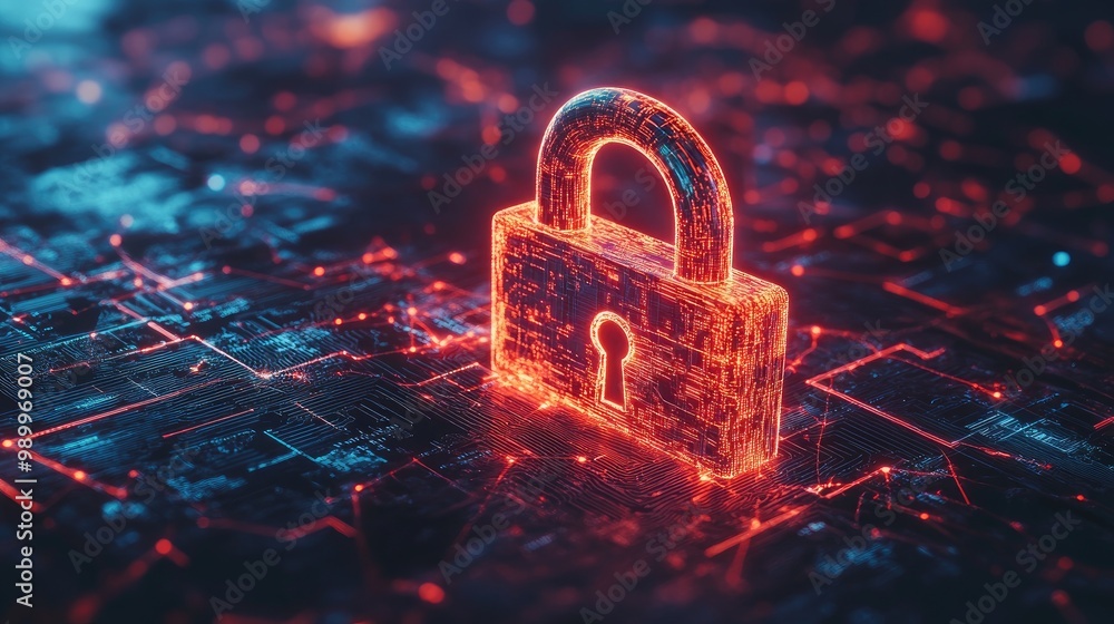 Poster 3d glowing padlock in a cyber network with complex lines of code, symbolizing online security
