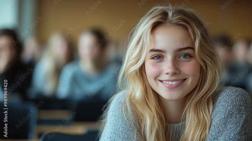 Poster smiling nordic caucasian university student sitting in a college classroom enjoying the learning env