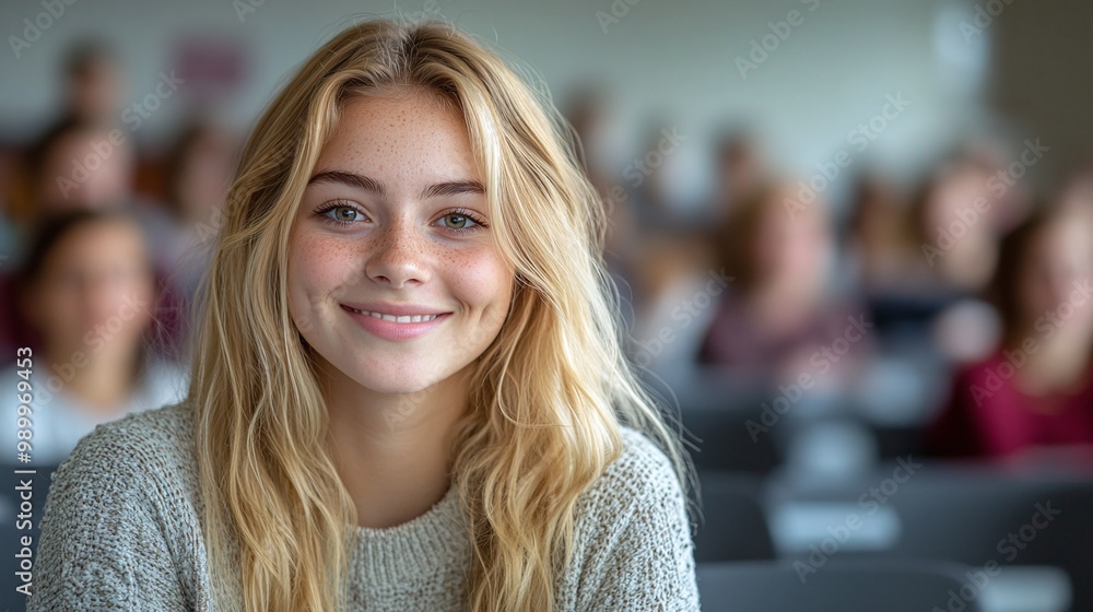 Poster smiling nordic caucasian university student sitting in a college classroom enjoying the learning env